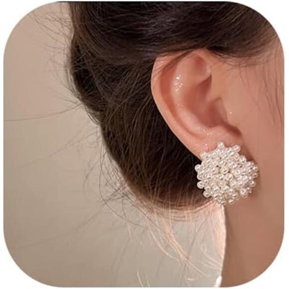 Pearl Cluster Stud Earrings | Square Faux Pearl Statement Studs | Elegant - Picture 2 of 6